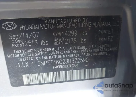 2008 Hyundai Sonata Gls from USA, damaged, VIN 5NPET46C28H372590